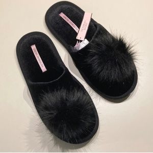 Victoria’s Secret Black Velvet Fur Slide Pom Pom Slippers